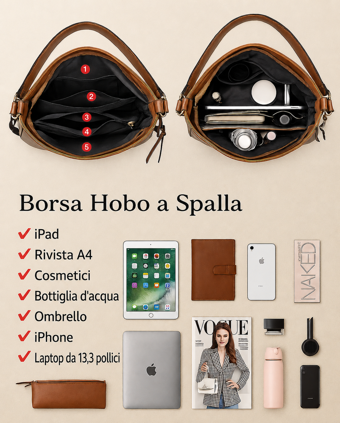Borsa a tracolla di lusso in pelle con tasca antifurto