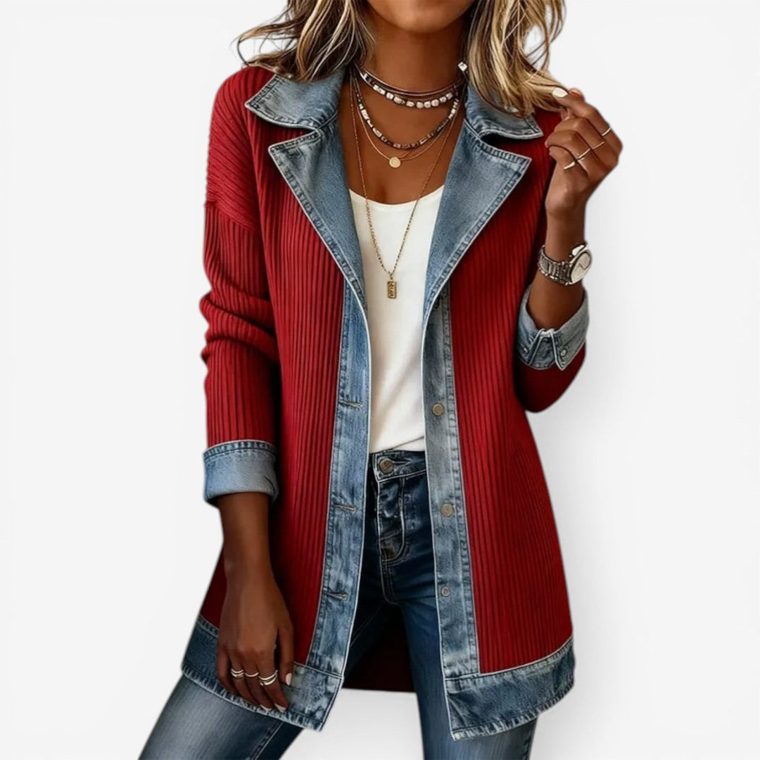 Amy Giacca in denim misto