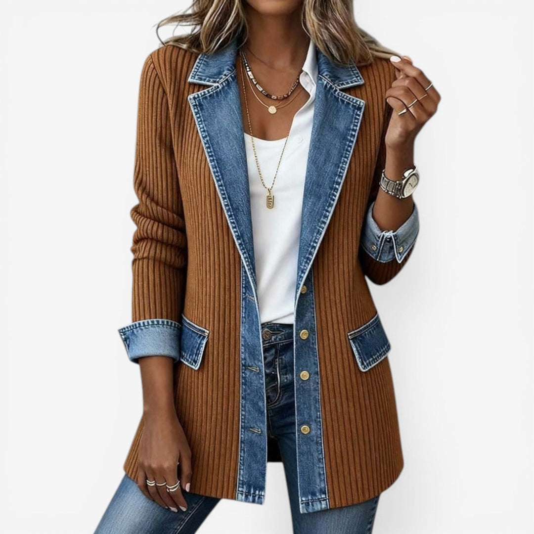 Amy Giacca in denim misto