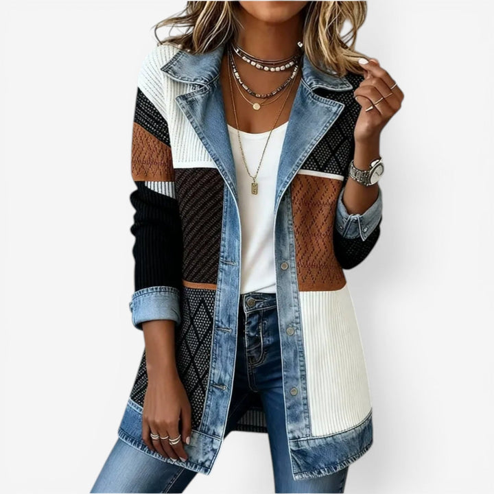 Amy Giacca in denim misto