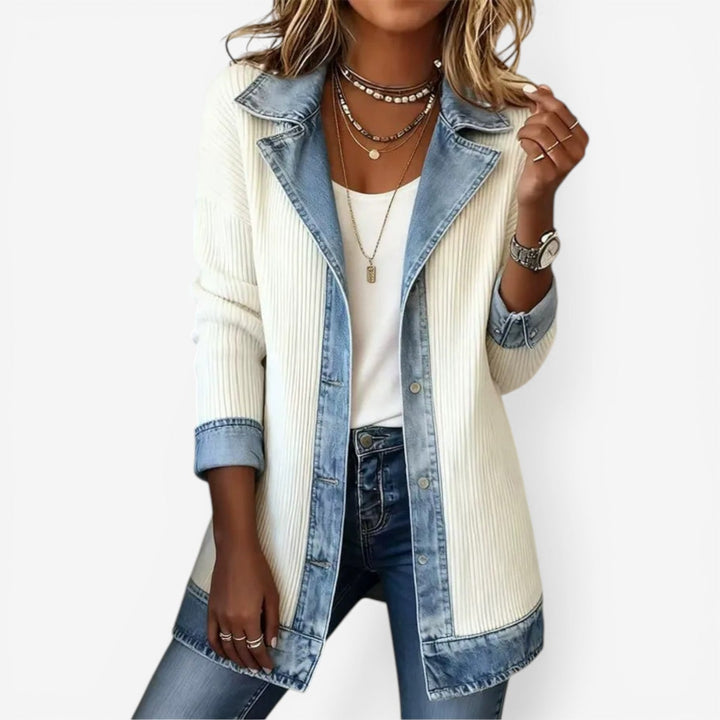 Amy Giacca in denim misto