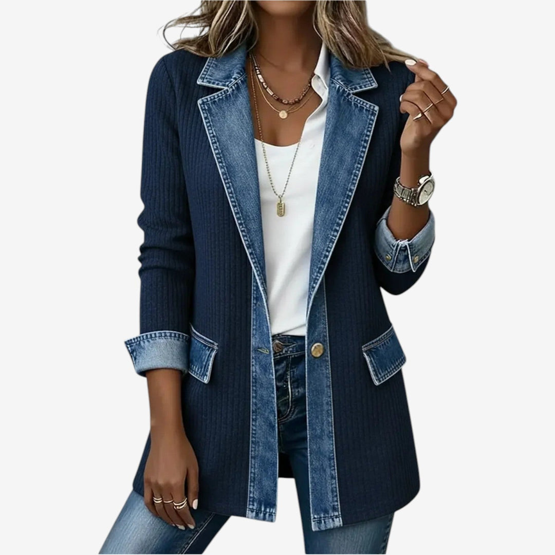 Amy Giacca in denim misto